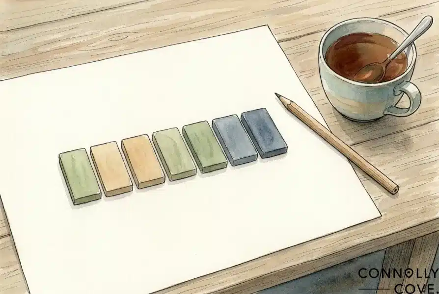 Seven blank wooden letter tiles in a row on a table with a pencil, representing a seven letter puzzle answer
