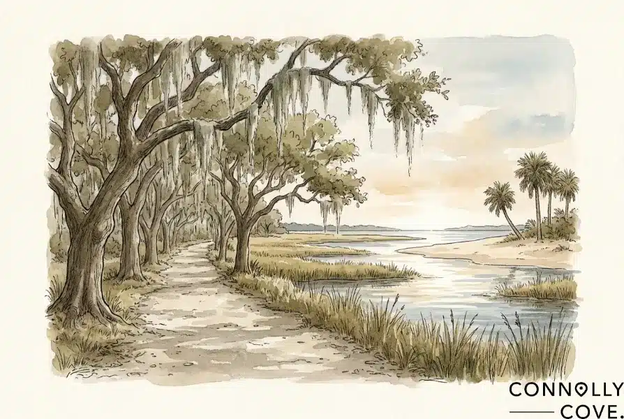 Live oak avenue draped in moss leading to a calm coastal marsh and white sand beach with palms at dawn