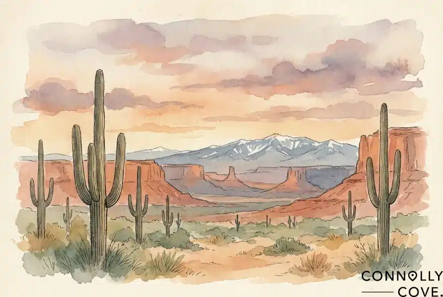 Red rock desert with tall saguaro cacti at sunset beneath distant snow-capped mountains and a wide sky