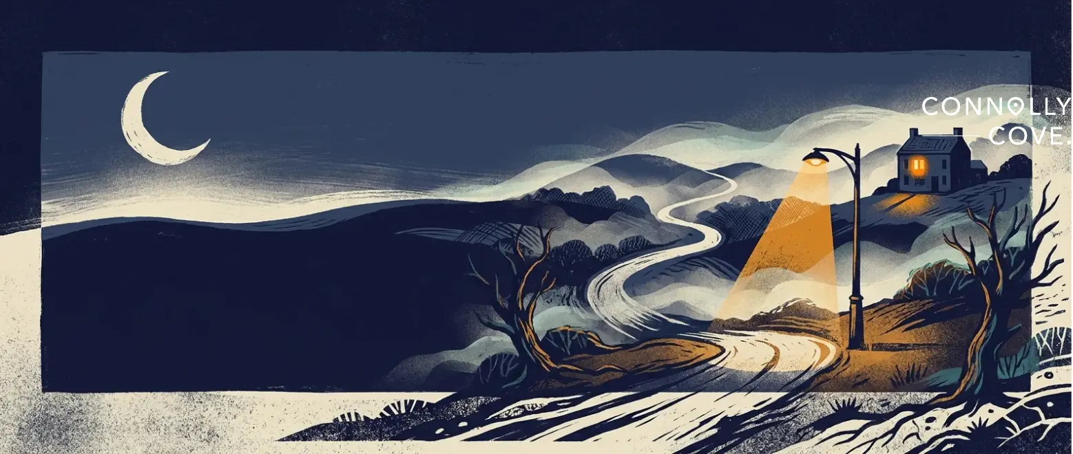 An illustration of a winding road at night leading to a house lit by a single streetlamp under a crescent moon, evoking modern urban legends with the text CONNOLLY COVE in the corner.