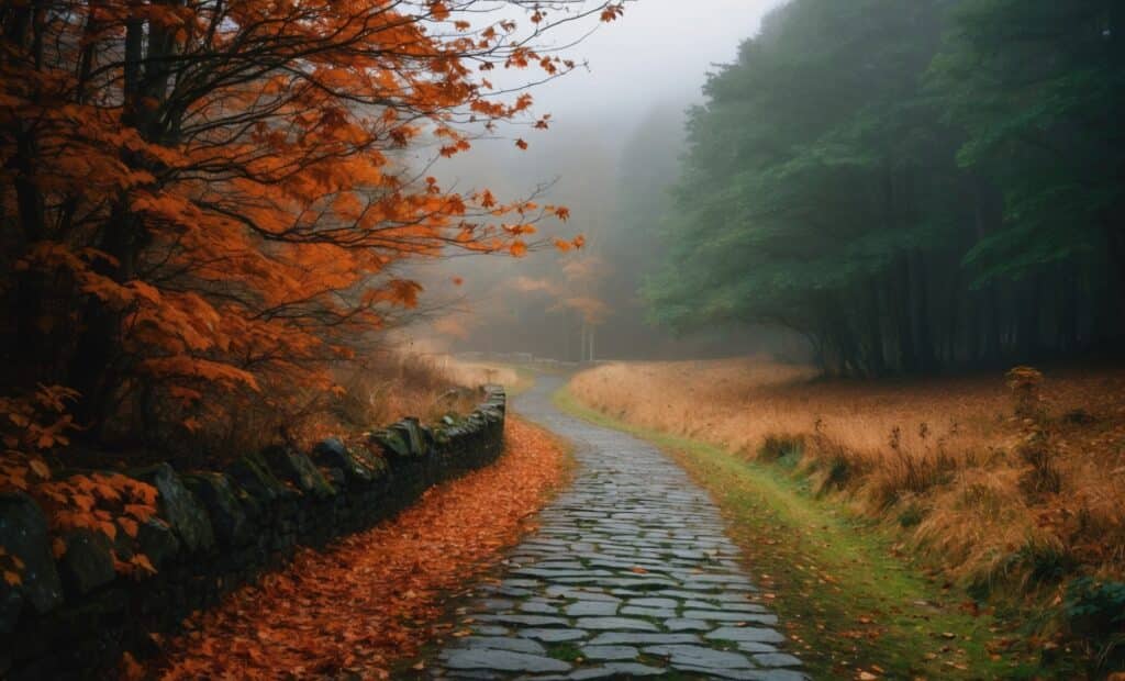"Picturesque autumn pathway in Northern Ireland, framed by trees ablaze with red and orange leaves, offering a tranquil and scenic walk through the region's breathtaking seasonal landscapes - Autumn Walks NI