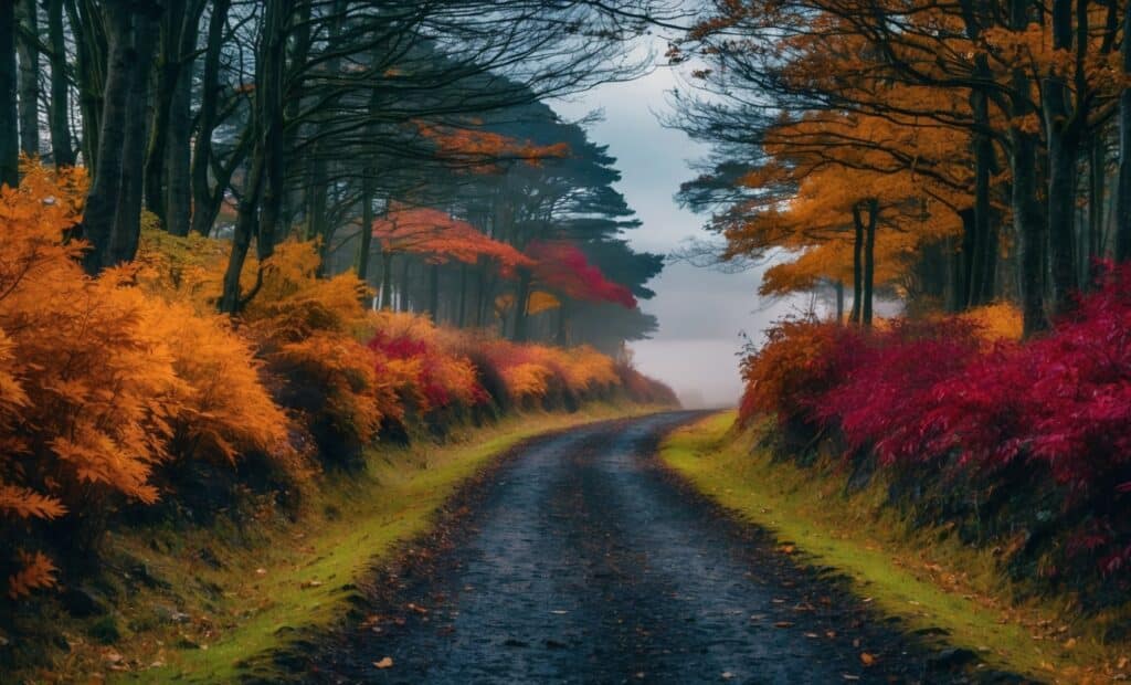 "Enchanting autumn trail in Northern Ireland, with a canopy of colorful foliage and a carpet of fallen leaves, beckoning nature enthusiasts to immerse themselves in the serene beauty of the season - Autumn Walks NI