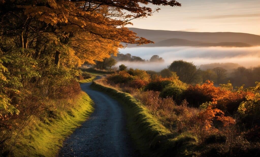 "Scenic autumn walk in Northern Ireland, featuring a winding path through a forest ablaze with vibrant fall colors, perfect for enjoying the crisp air and natural beauty of the season - Autumn Walks NI