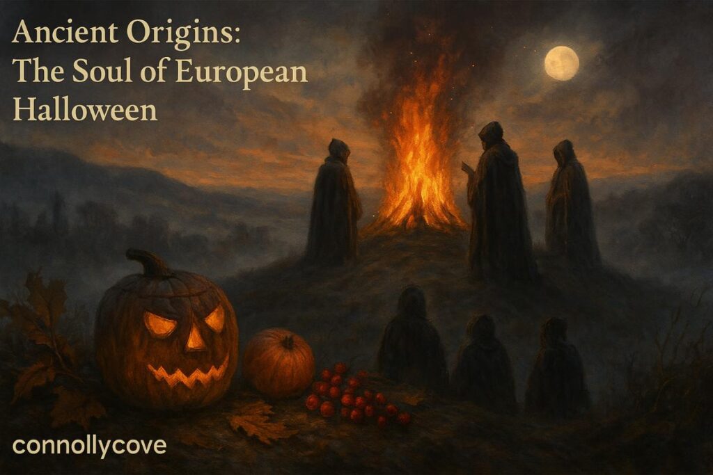 Celtic Samhain bonfire scene with cloaked figures, carved turnip lantern, autumn harvest offerings, and misty rural European landscape – illustrating the ancient origins of Halloween traditions in Ireland and Europe