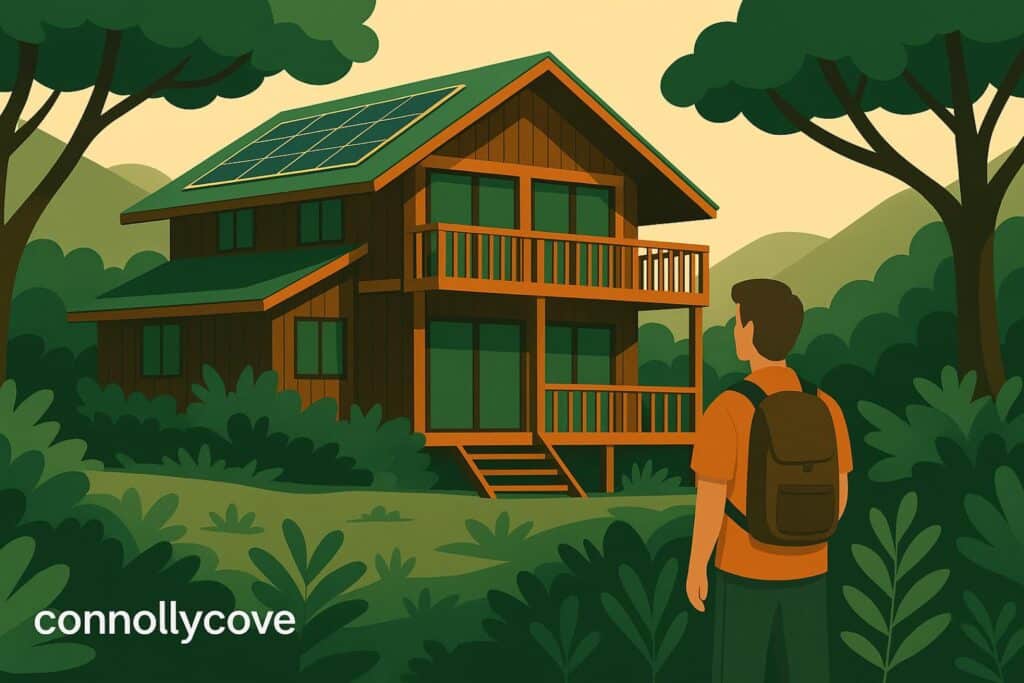 Illustration of a sustainable eco-home in a forested landscape with solar panels and natural wooden design, viewed by a traveller with a backpack – ideal for promoting eco-tourism and sustainable architecture tours