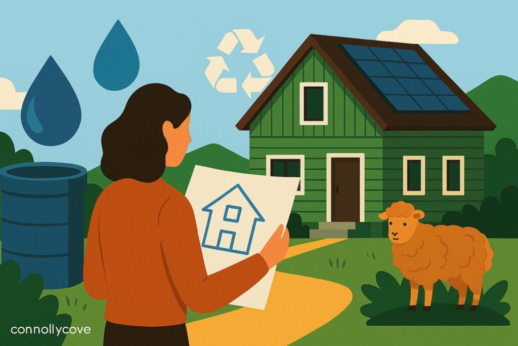 Illustration of an eco-friendly green home with solar panels, rainwater barrel, and a sheep in a natural landscape – representing sustainable design architecture ideas inspired by global travel