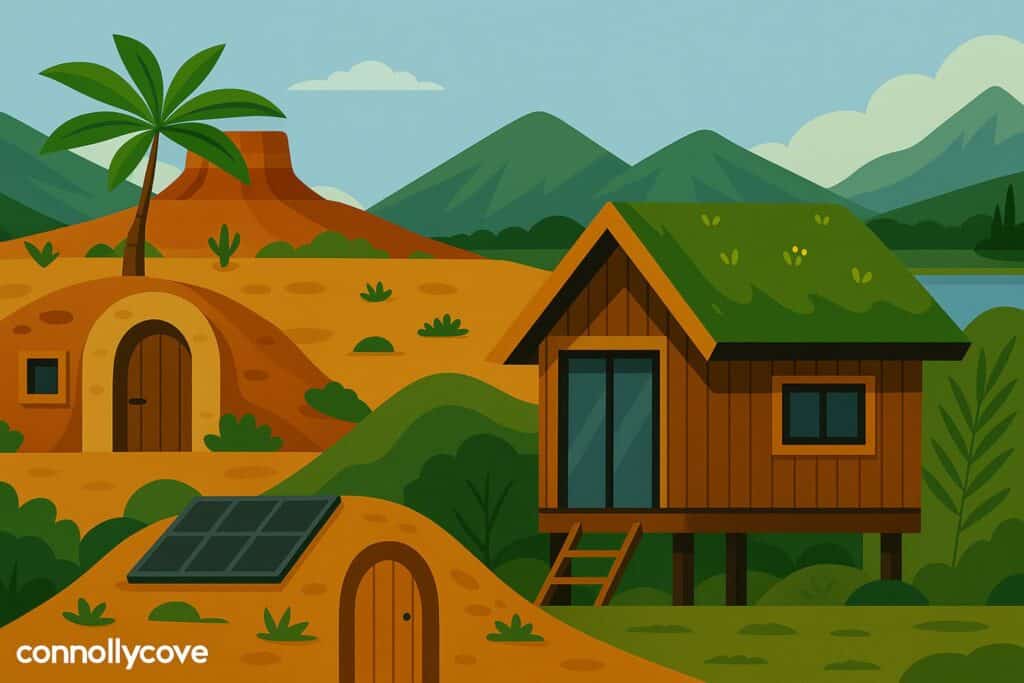 Illustration of sustainable architecture from around the world – featuring an Icelandic turf-roofed house, Australian underground home, and eco-cabin in a tropical landscape, highlighting cultural adaptation to climate and environment