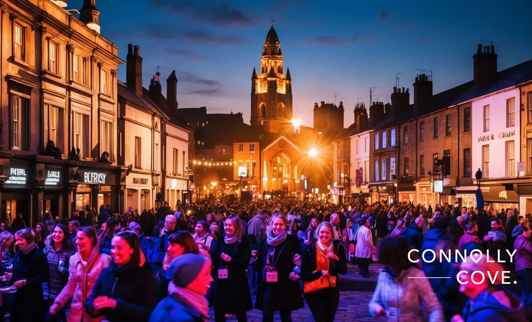 Artists and attendees mingling under festive lights at Culture Night Belfast 2025, illustrating the vibrant celebration of city culture.