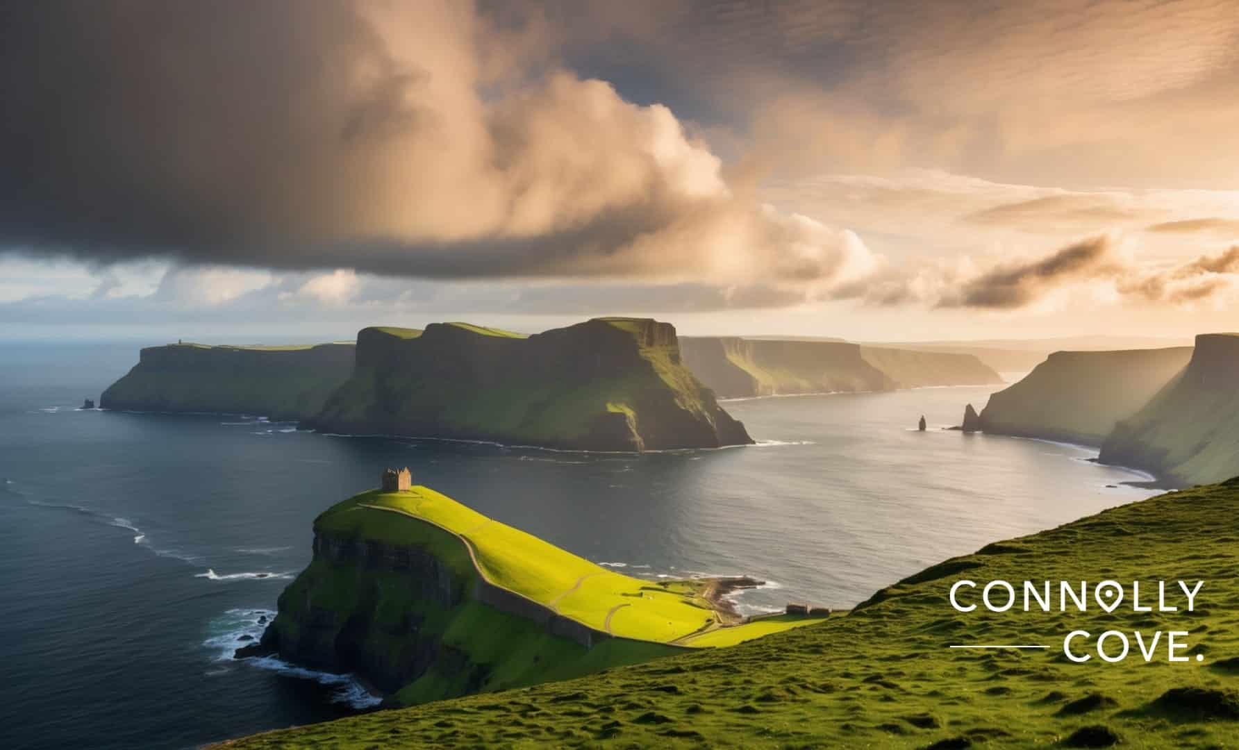 "Iconic Irish settings from popular movies, including green rolling hills and ancient structures, featured in a 2025 film lover's travel guide."