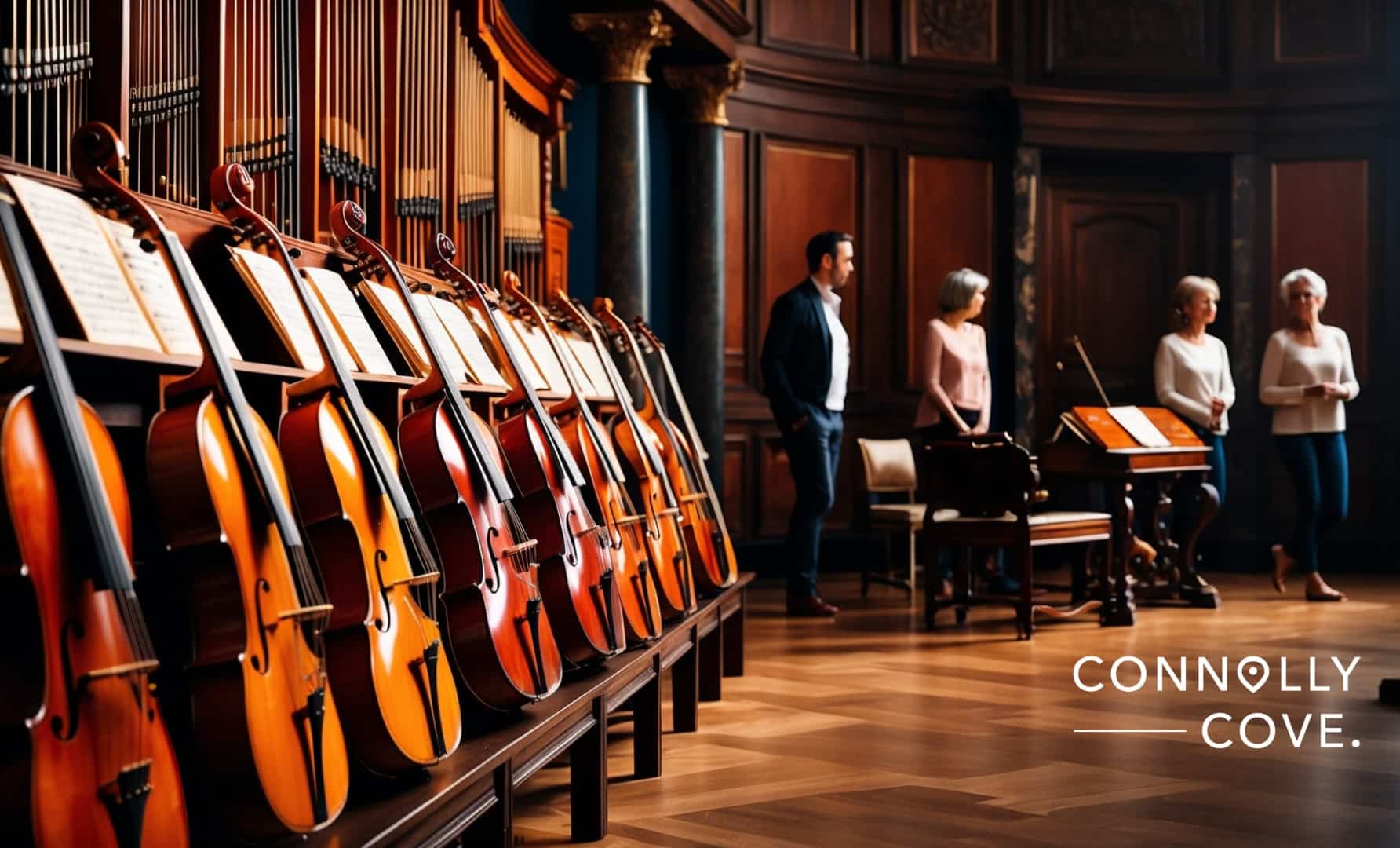 "Interior of a music museum in Germany, displaying a variety of historic musical instruments and informative exhibits."