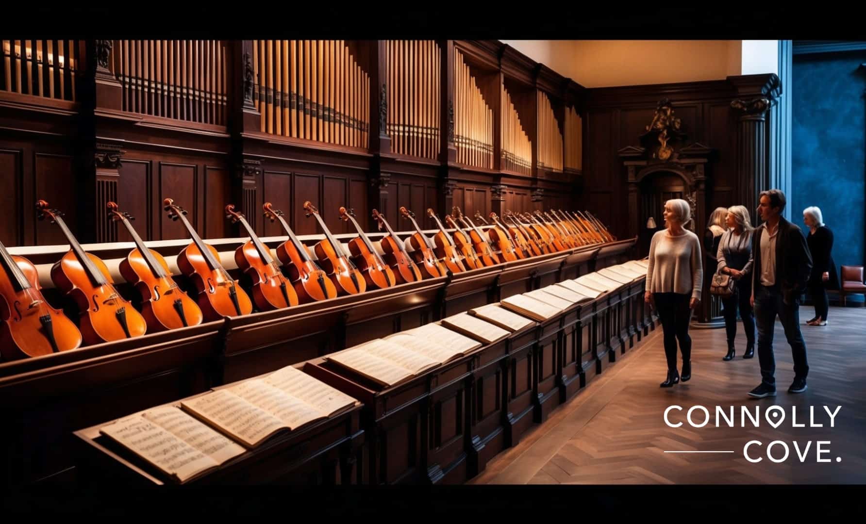 "Interactive exhibit space inside a German music museum, showcasing historical musical artifacts and multimedia presentations."