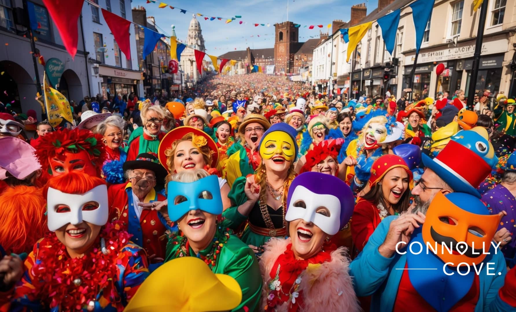 "Colorful and lively atmosphere at the Festival of Fools in Belfast, depicting performers and crowds enjoying Northern Ireland's celebrated street theatre festival."