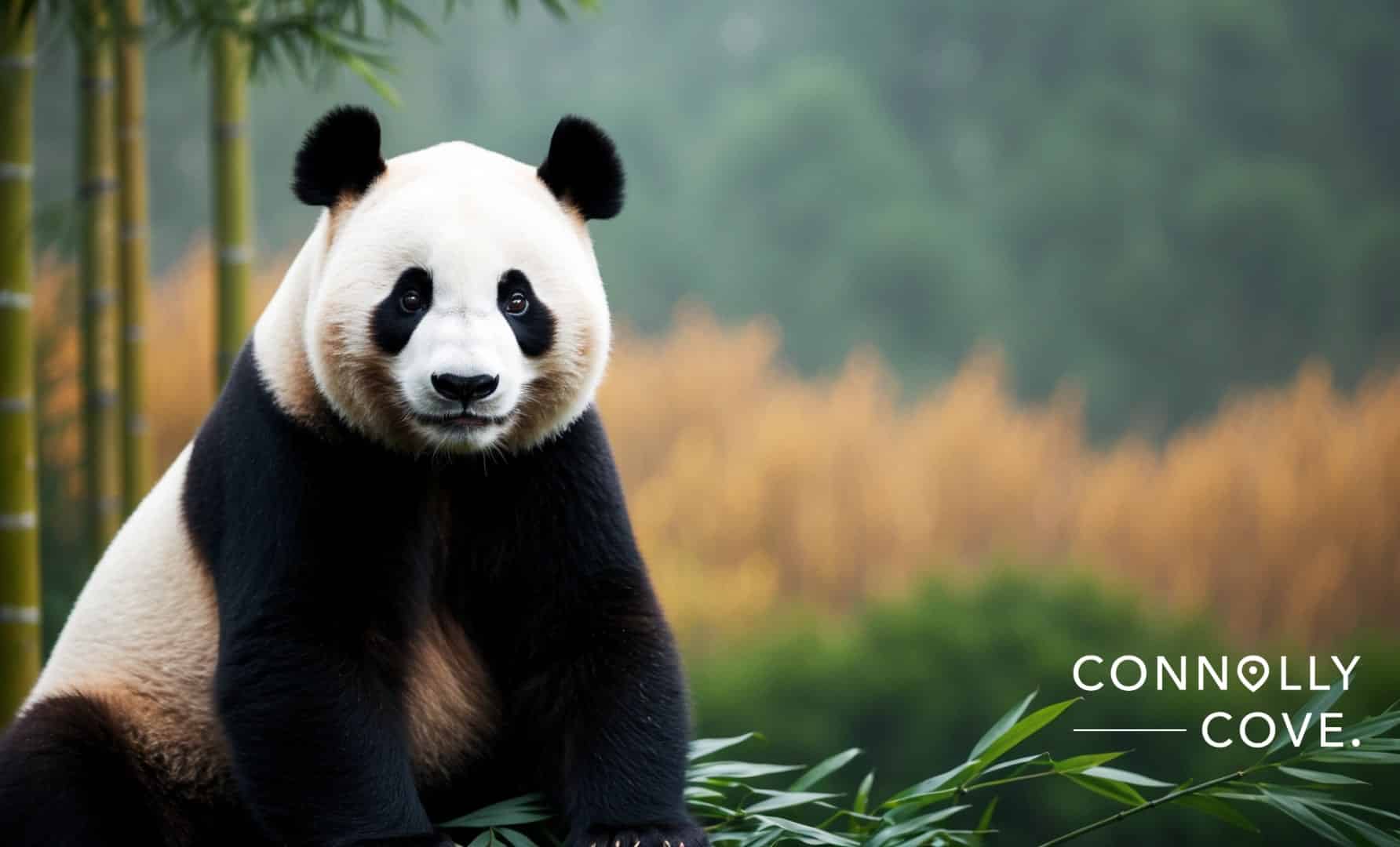 "Close-up of a giant panda peacefully eating bamboo in its natural habitat, highlighted in a travel and conservation guide."