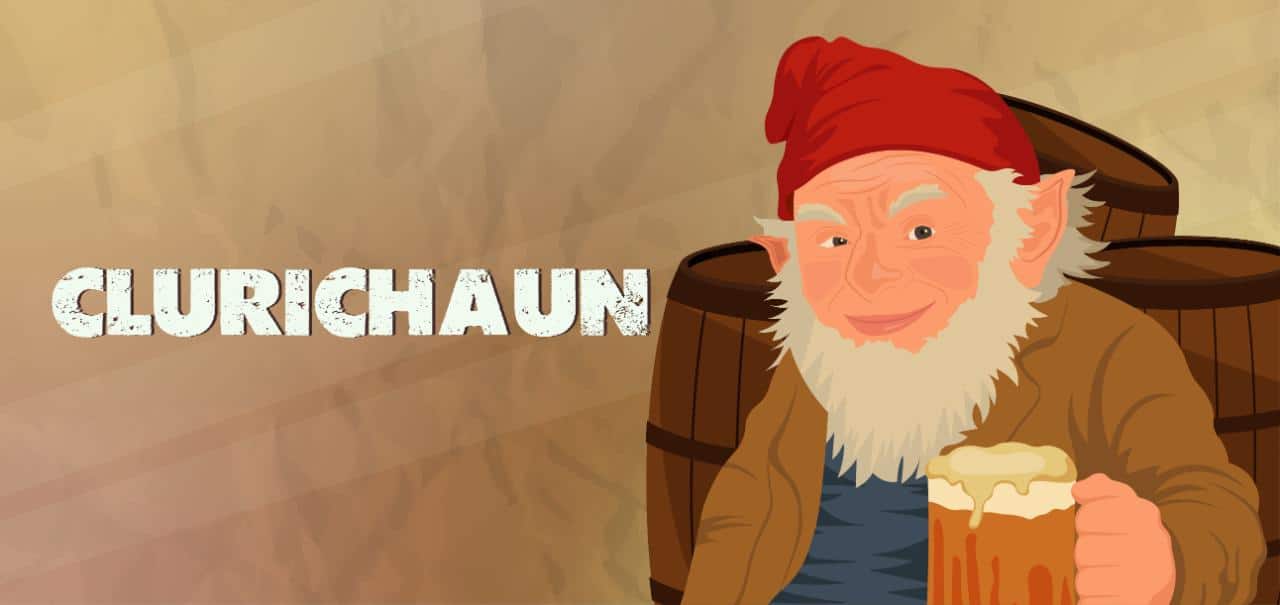 Illustration of a Clurichaun smoking a pipe with ale in a candlelit Irish wine cellar beside barrels and a horse