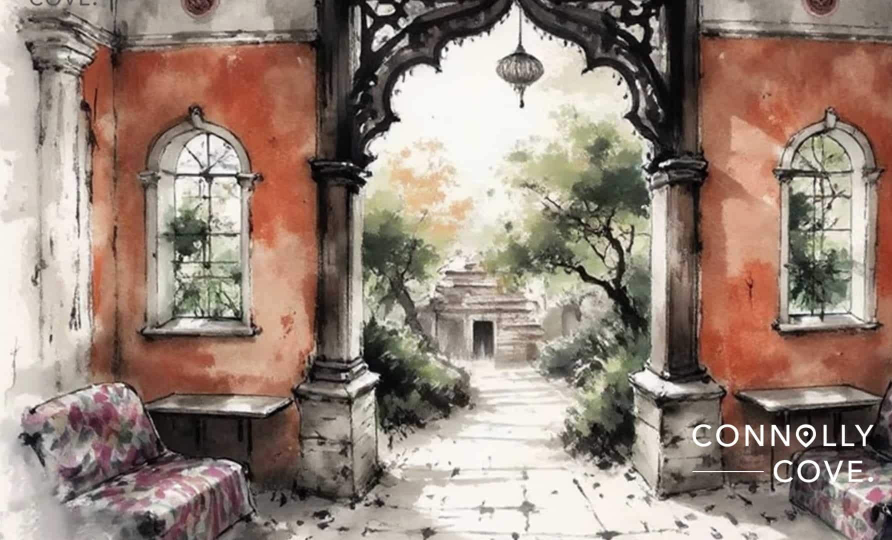 "Elegant architectural details of the Palace of Prince Naguib Hassan Abdallah with its elaborate arabesque patterns and vibrant mosaic tiles."