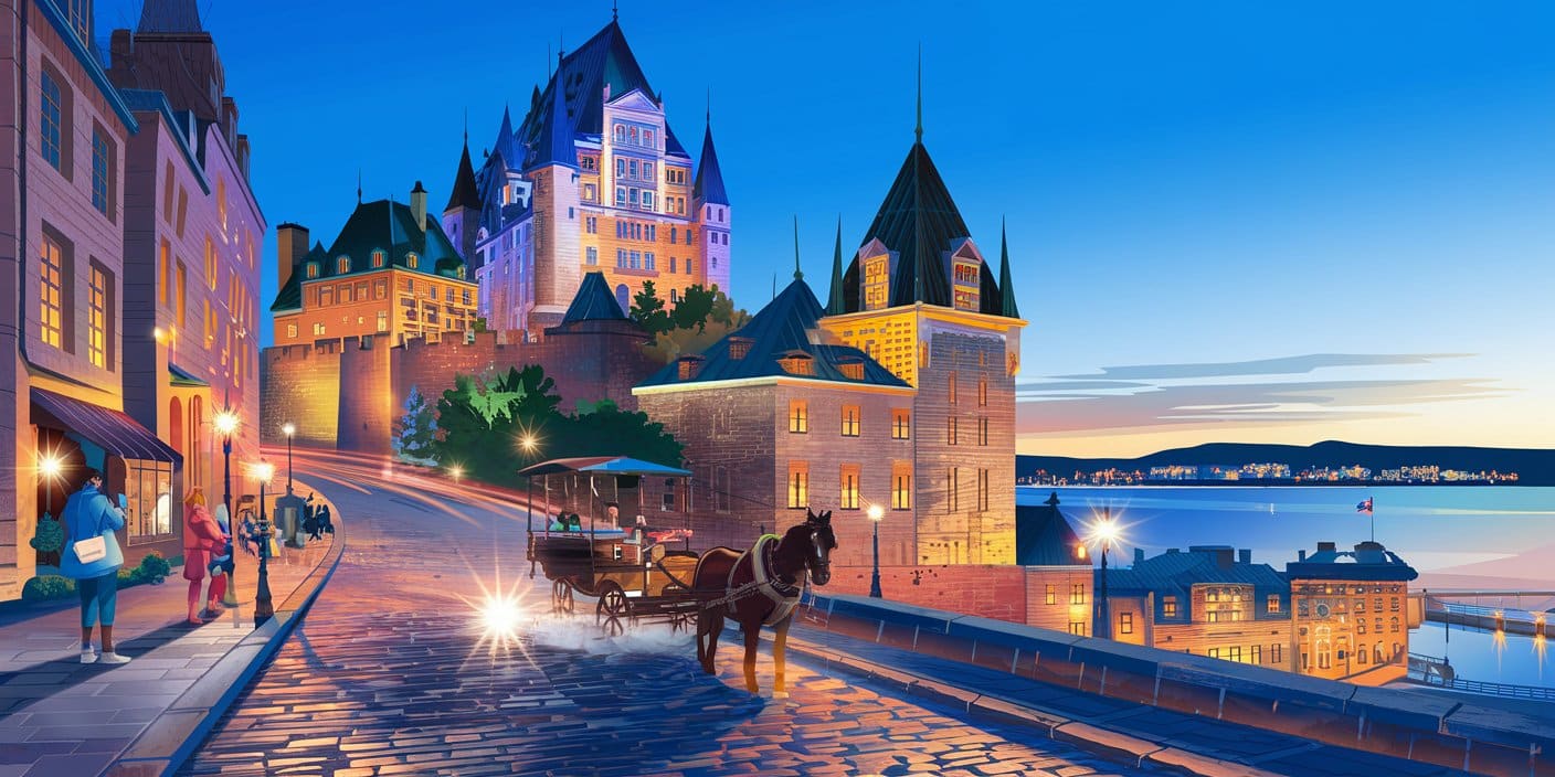A breathtaking twilight view of Historic Quebec City's iconic skyline from the Lower Town perspective. The majestic Château Frontenac is illuminated against the deepening blue sky, with the historic ramparts and Upper Town buildings glowing with warm golden light. The cobblestone streets of the Lower Town are visible in the foreground, with the distinctive European-style architecture, outdoor café lighting, and the romantic ambiance of gas-style street lamps creating pools of warm light. A horse-drawn calèche passes by, and tourists with cameras capture the magical atmosphere. The St. Lawrence River is visible in the distance with twinkling lights from Lévis across the water. The composition captures the essence of Quebec City as North America's most authentic European experience, with UNESCO World Heritage architecture, cultural vibrancy, and timeless elegance. The lighting is perfect for the blue hour, creating the quintessential Quebec City postcard image.
