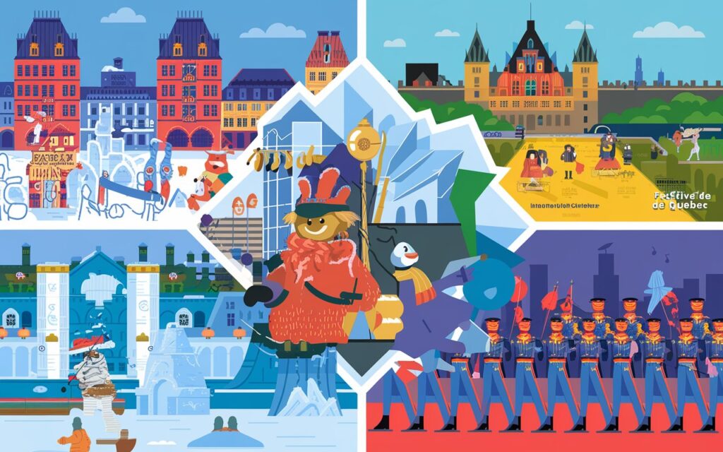 A dynamic illustration of Quebec City's vibrant event calendar. In the foreground, there's the joyful chaos of Carnaval de Québec with Bonhomme Carnaval, ice sculptures, and winter activities in full swing. In the middle ground, there's the energetic summer atmosphere of Festival d'été de Québec with outdoor concerts on the Plains of Abraham. In the background, there's the precision and pageantry of the International Festival of Military Bands with colorful uniformed musicians performing against the historic ramparts. The seasonal transformation of the city is evident, from winter wonderland to summer festival hub.