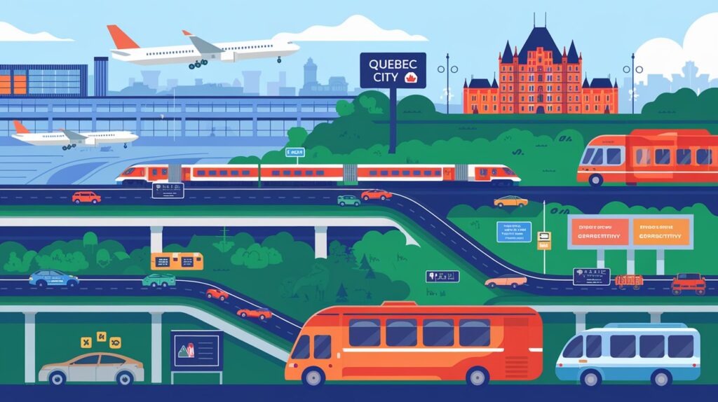 Illustration of historic Quebec City showing various modes of transport, including airplanes, trains, buses, trams, cars, and highways, with landmarks and signs in the background.
