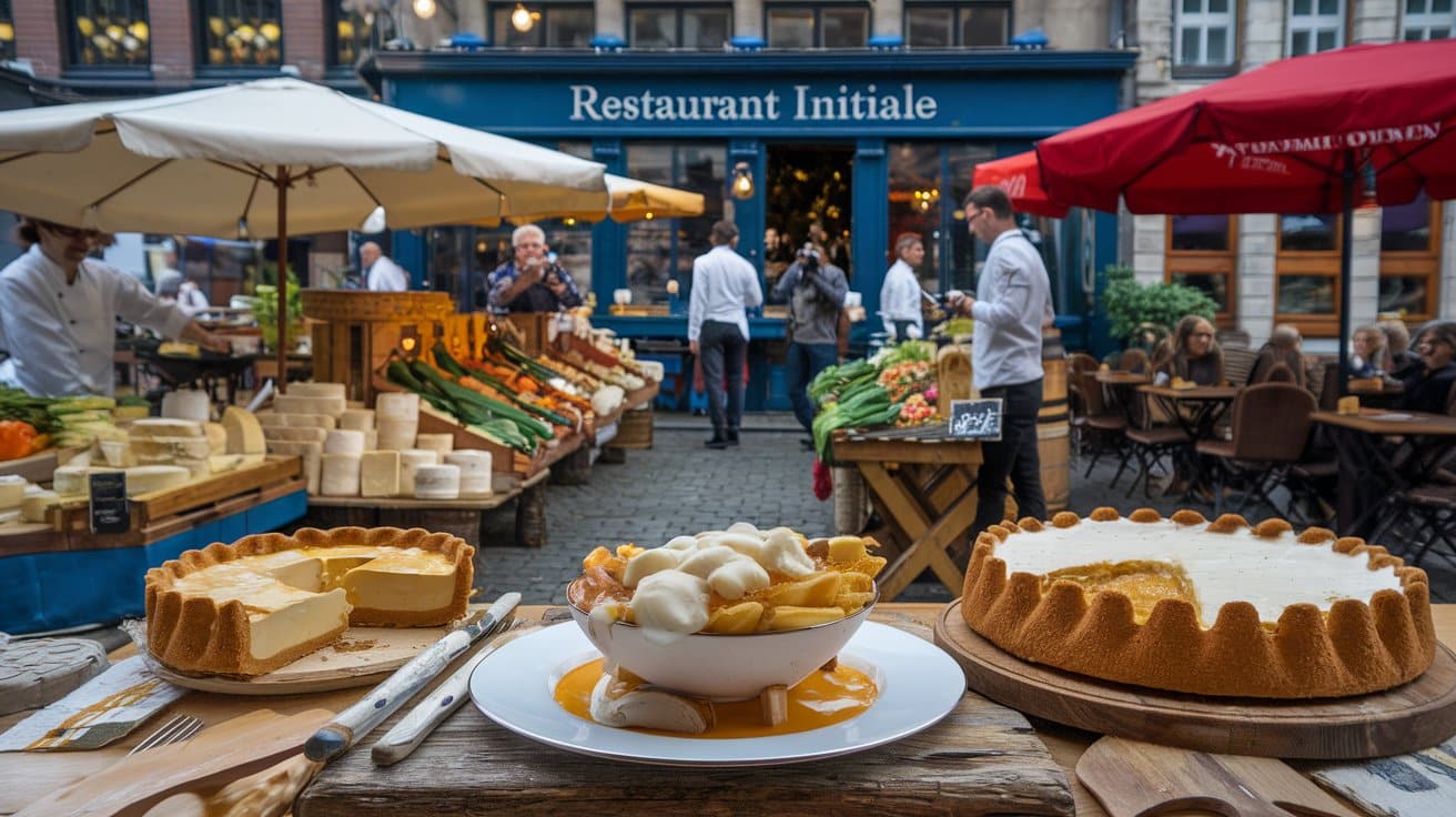 Outdoor market scene set in historic Quebec City, with cheese wheels, a plate of cheesy fries, fresh vegetables, and people dining in front of a restaurant named "Restaurant Initiale.