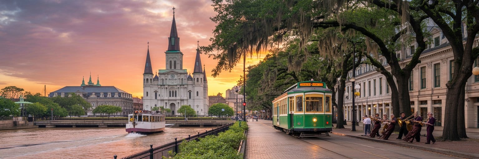 A photograph captures a sweeping panoramic view of New Orleans, with the majestic St. Louis Cathedral framed prominently against a vibrant sunset sky. The cathedral’s three spires are highlighted by warm golden light, while below, a classic green streetcar gracefully glides along St. Charles Avenue, flanked by towering oak trees draped with Spanish moss. In the distance, the Mississippi River flows serenely, a vintage steamboat adding a touch of nostalgia, and jazz musicians passionately play on a nearby cobblestone street, infusing the scene with the city’s lively spirit. The overall composition showcases the unique blend of history, culture, and music with a dynamic and immersive feel, bathed in the warm glow of the golden hour.