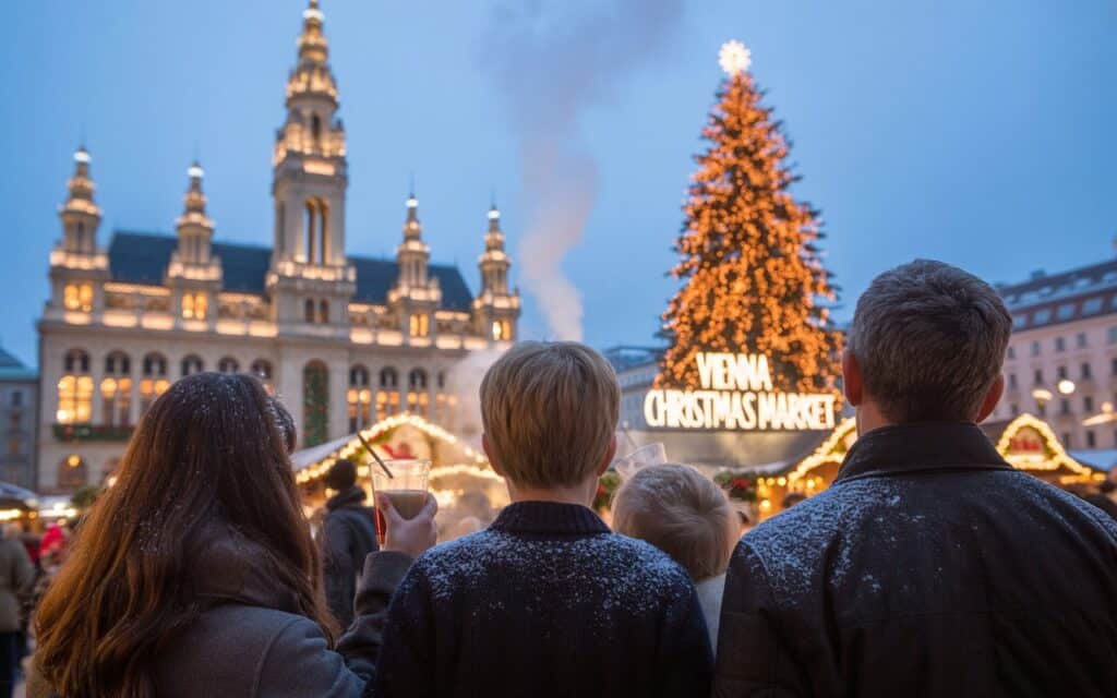 A family stands in front of the Rathausplatz Christkindlmarkt in Vienna, holding drinks and admiring the large decorated Christmas tree and illuminated buildings at dusk.