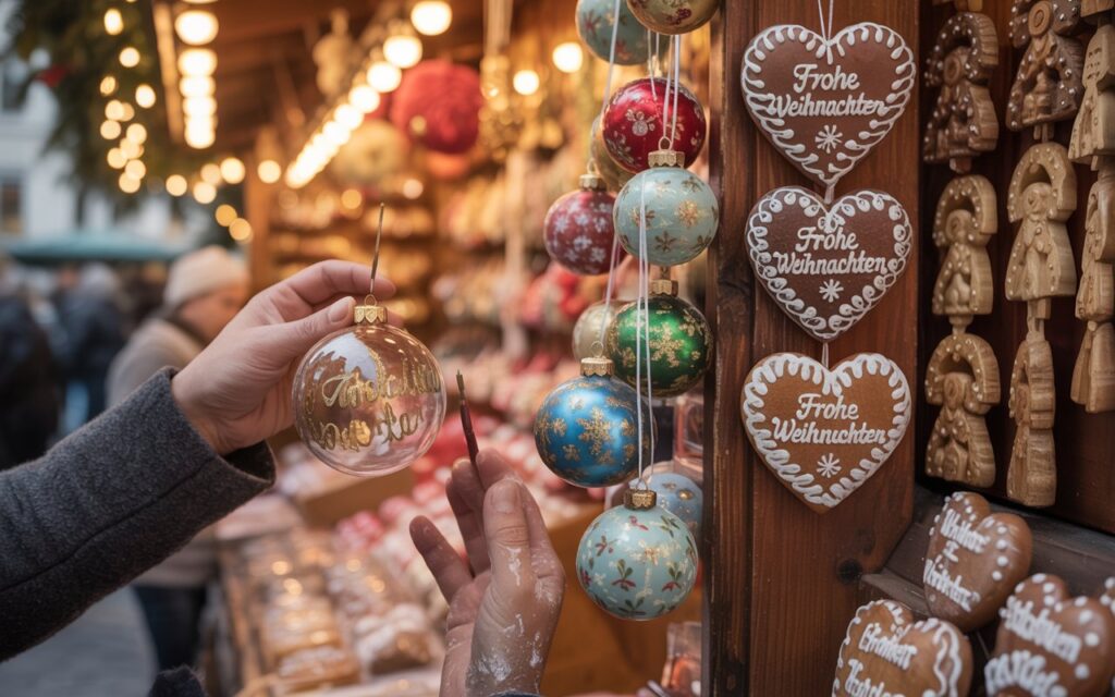 "Close-up photograph of authentic Austrian Christmas souvenirs displayed at a traditional wooden stall in Vienna's Rathausplatz Market. The image should show detailed craftsmanship of hand-painted glass ornaments, wooden nutcrackers, and decorative Lebkuchen hearts with icing patterns. The arrangement should be artful but realistic, as they would actually appear in the market. Warm lighting highlighting the colorful items against the dark wood of the stall, with a craftsperson's hands visible working on personalizing an ornament. The photo should feel intimate and focused on the detail and quality of the traditional items."