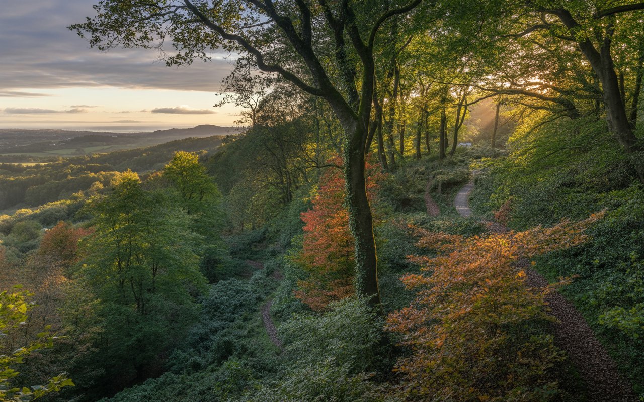 Winding path through Cairn Wood, a green and autumn-colored forest in Northern Ireland, with sunlight filtering through trees and hills visible in the distance.