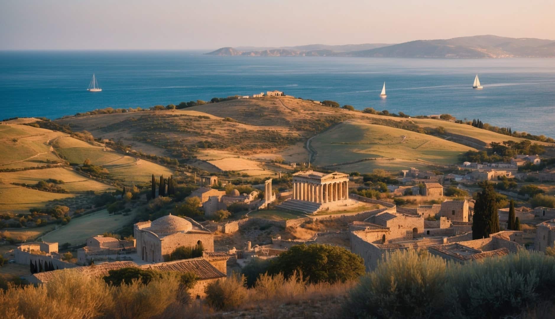 Stunning coastal view of Peloponnese peninsula in Greece with ancient ruins overlooking turquoise Mediterranean waters