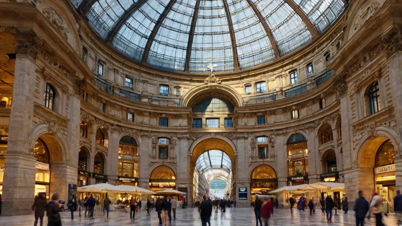 Interior view of Milan’s grand La Galleria Vittorio Emanuele II, featuring a stunning glass dome ceiling, ornately decorated stone walls, and people strolling on the patterned marble floor.