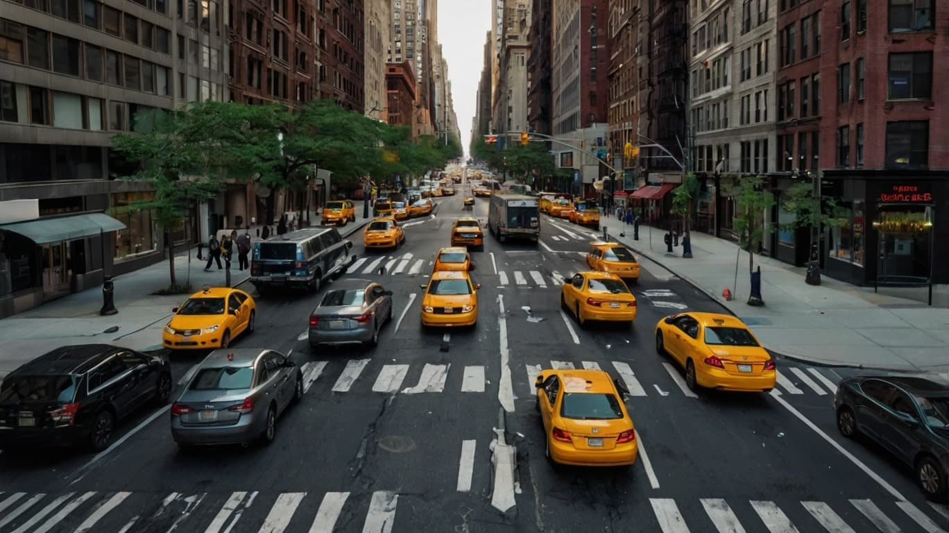 Yellow taxis and cars drive along a wide New York city street lined with tall buildings, with traffic lights and crosswalks visible under an overcast sky.