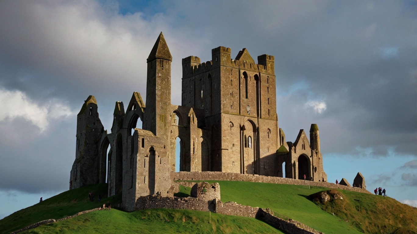 Rock of cashel A large stone castle with multiple towers and ruins sits atop a green hill under a partly cloudy sky, reminiscent of the majestic Rock of Cashel.