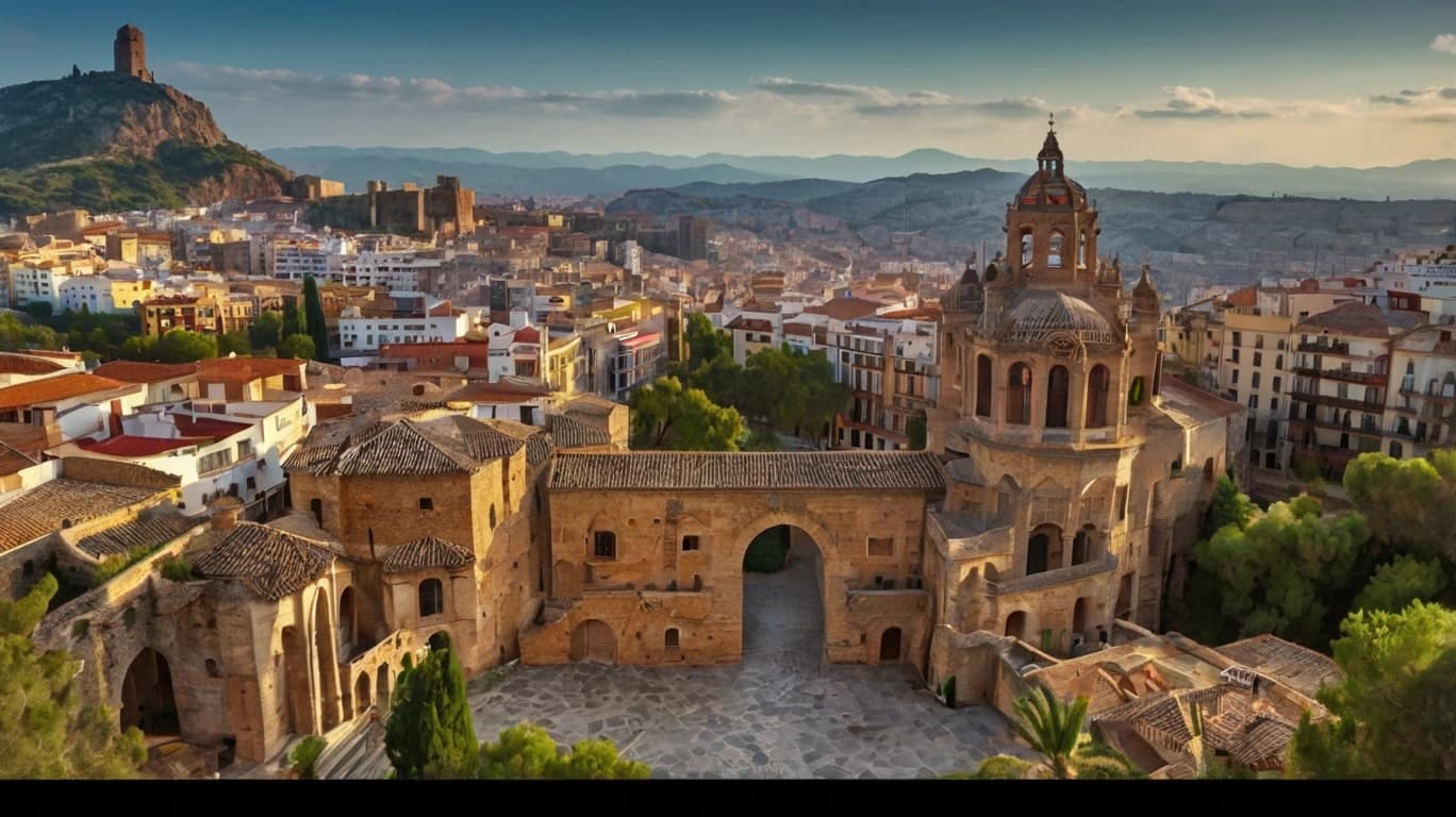 spanish cities Aerial view of a historic European city with old stone buildings, a domed church, and a hilltop fortress surrounded by mountains and dense rooftops, reminiscent of Granada’s stunning skyline.
