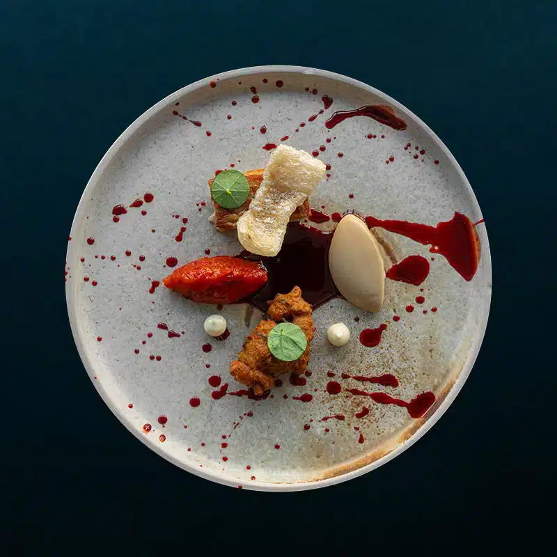 A modern, artfully plated dish featuring small portions of food, sauce splatters, garnishes, and two quenelles on a round white plate against a dark background.