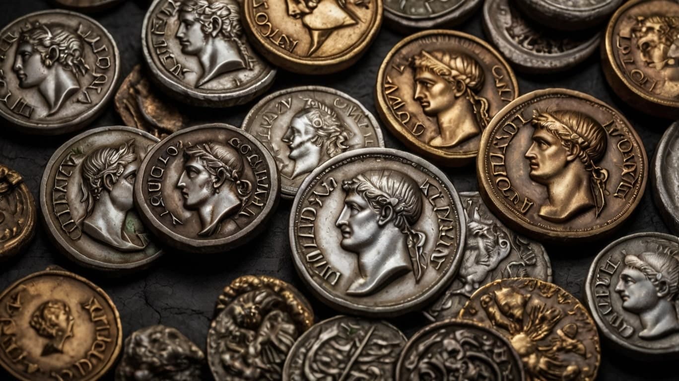 A collection of authentic Roman Coins featuring various emperors and intricate designs, displayed on a dark textured surface.