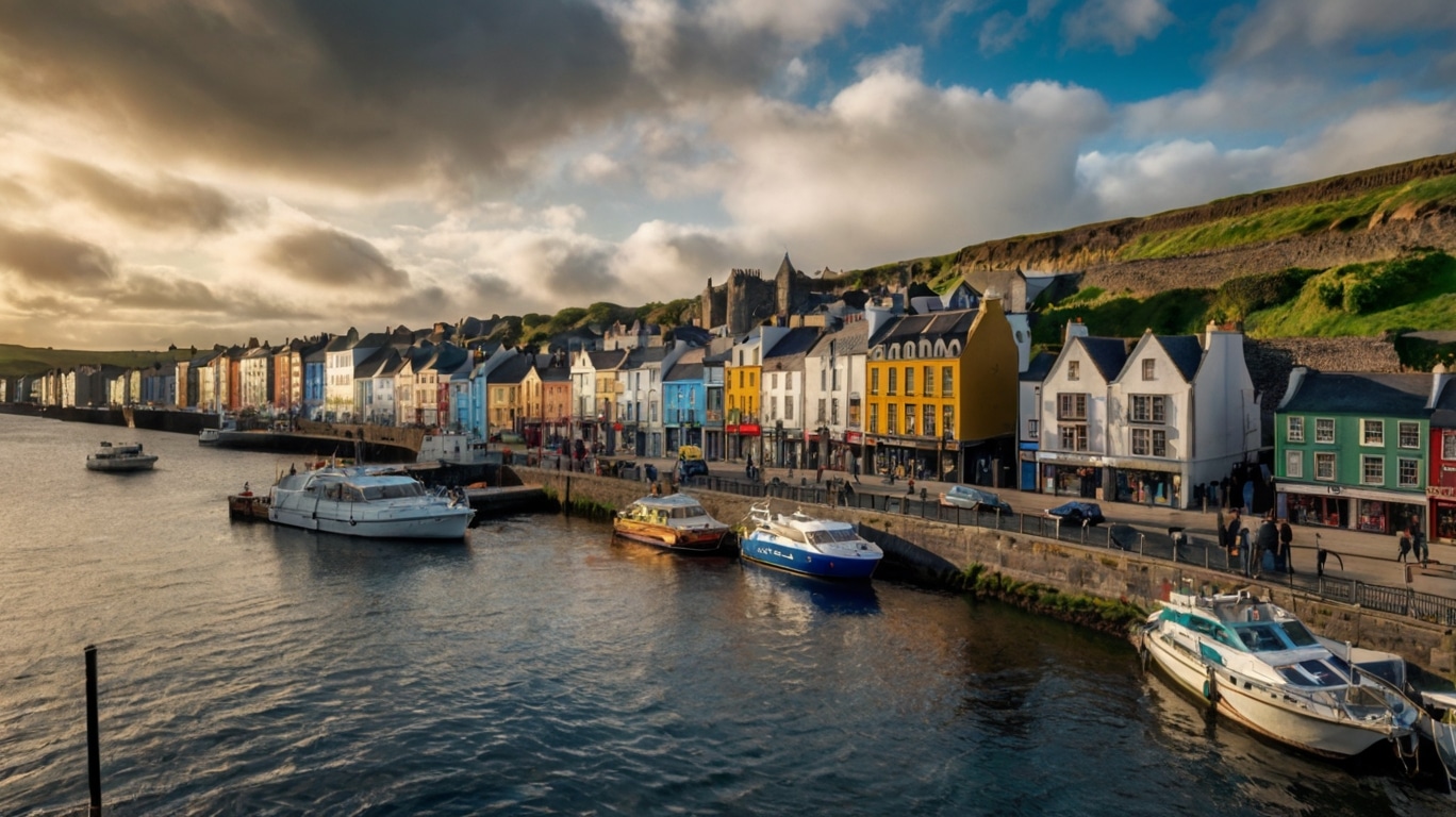 cities in Ireland Colorful row houses line a harbor in one of Ireland’s vibrant cities, with several boats docked along the waterfront under a partly cloudy sky.