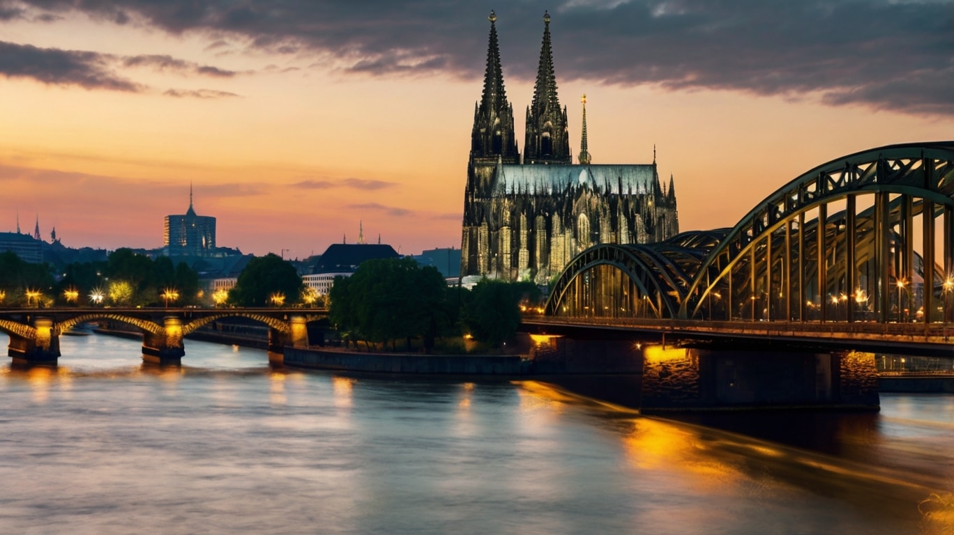koeln Cologne Cathedral and Hohenzollern Bridge illuminated at dusk in Köln, their lights reflected in the calm waters of the Rhine River under a partly cloudy sky.