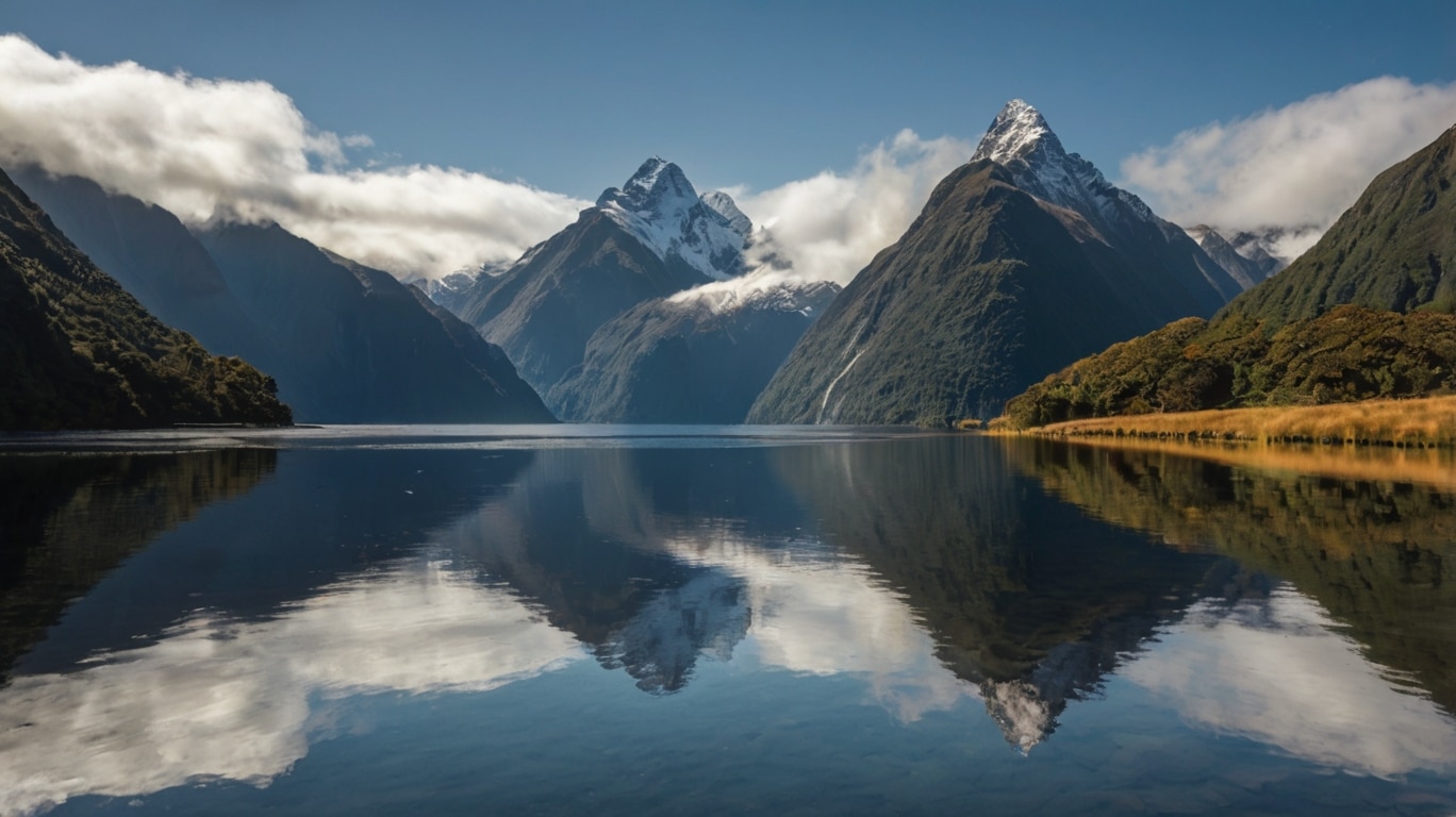 parks in the world Snow-capped mountains reflected in a calm lake under a blue sky with scattered clouds; forested slopes and grassy shoreline highlight the beauty found in parks and green spaces around the world.