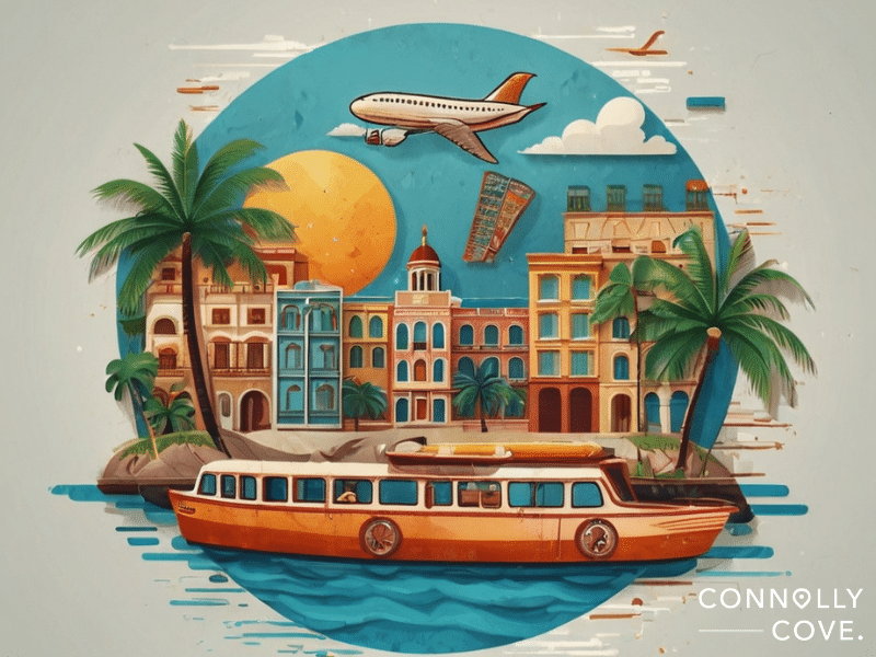 Illustration of colorful waterfront buildings, a boat gliding on the water, palm trees, and an airplane soaring overhead beneath a bright sun. The "Connolly Cove" logo hints at vacation packages for your next getaway.