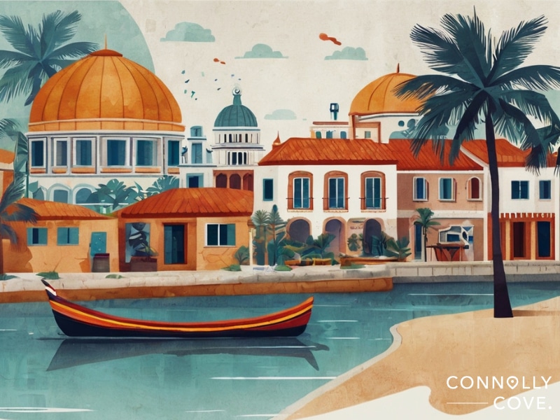 Colorful riverside buildings with domed roofs, palm trees, and a small boat in the water evoke a perfect vacation vibe; “Connolly Cove” branding in the corner.