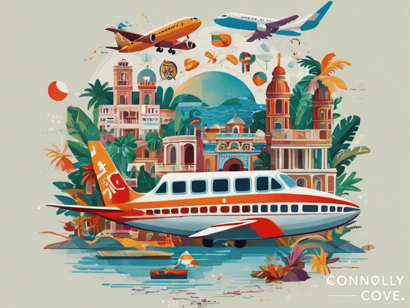 Illustration of a vibrant cityscape with historic buildings, palm trees, and three airplanes—one in the foreground, two flying overhead—evokes the excitement of vacation packages. The image features the Connolly Cove logo.