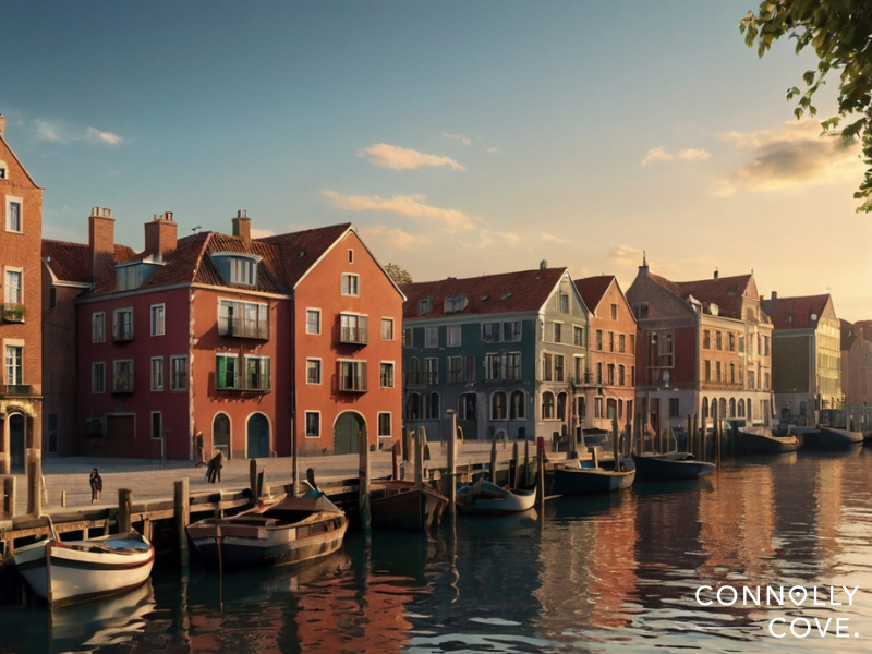 london to dover
Colorful canal-side buildings and boats line the quay at sunset, creating a calm, picturesque scene—perfect for those on a Dover Day Trip. Warm light reflects on the water as “Connolly Cove” is written in the corner.