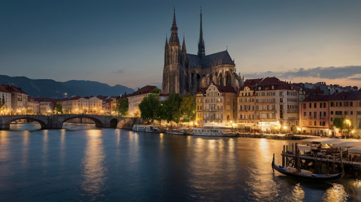 Luxury Travel in the Richest Countries in Europe A riverside cityscape at dusk in one of Europe’s richest countries features a large Gothic cathedral with twin spires, illuminated historic buildings, a stone bridge, and boats on the water reflecting the city lights.
