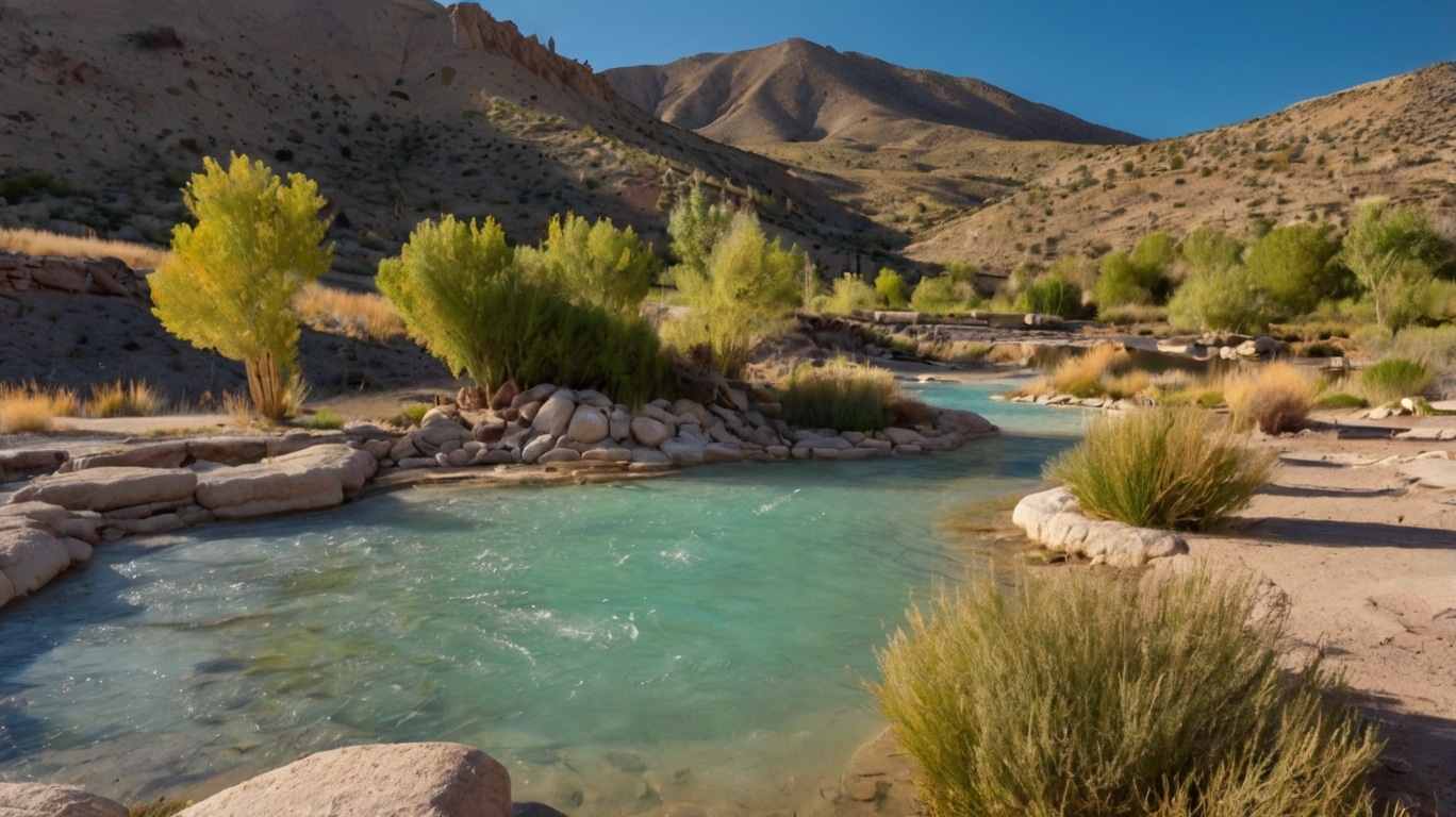 A clear turquoise stream winds through a rocky, semi-arid landscape with green shrubs and distant hills under a blue sky, reminiscent of the serene beauty found at Meadow Hot Springs.