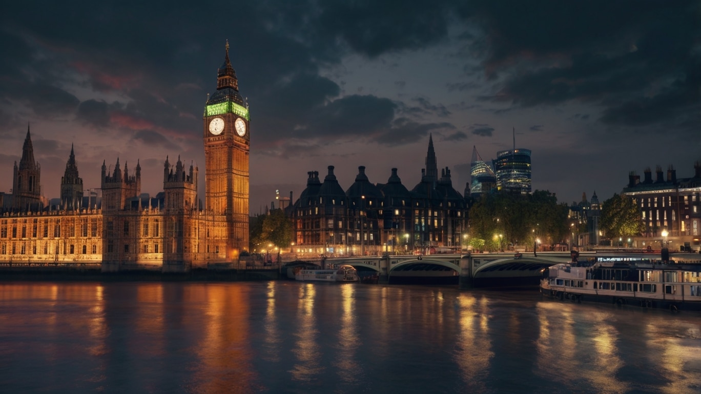 My Fault London Film Locations Big Ben and the Houses of Parliament in this iconic London location are illuminated at dusk, with the Thames River and Westminster Bridge in the foreground—a scene reminiscent of My Fault: London.