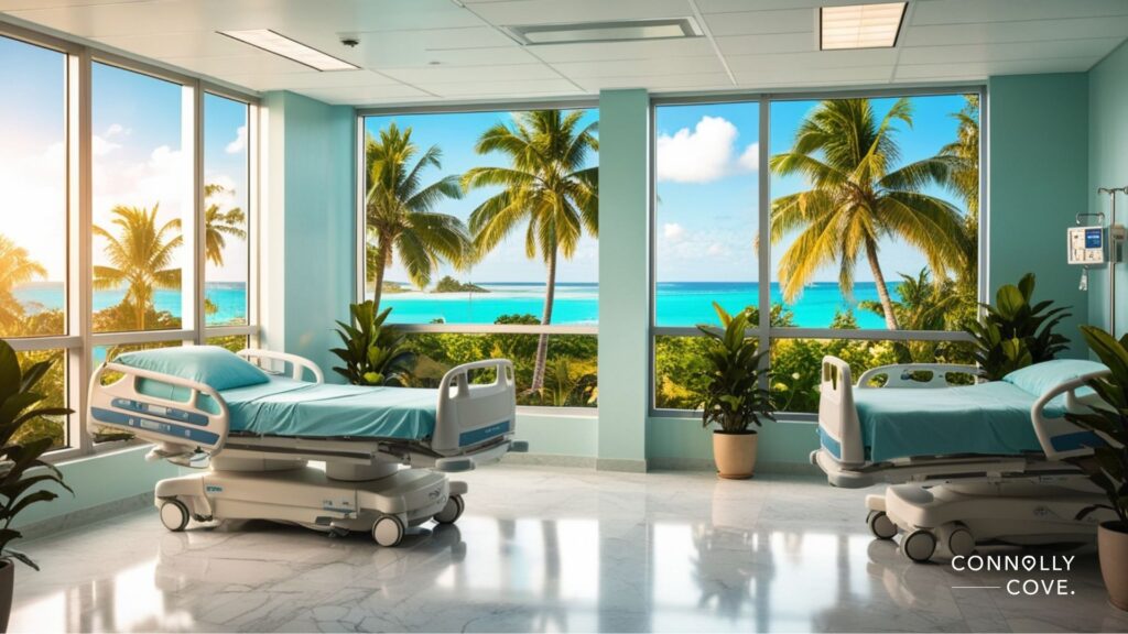 Two empty hospital beds in a bright, modern room welcome medical tourists, with large windows overlooking tropical palm trees, blue ocean, and a sunny sky. The space is clean, peaceful, and filled with natural light.