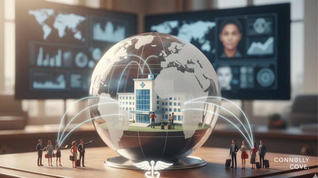 A glass globe with a hospital inside sits on a desk. White lines connect groups of people around the globe, symbolizing global healthcare and Medical Tourism. Screens with data and a face are in the background. The Connolly Cove logo appears at the bottom right.
