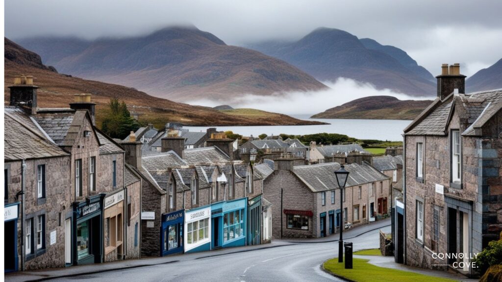 A quiet street in a small Scottish village, often ranked among the best small towns in Scotland, lined with stone buildings and set against misty mountains and a lake under a cloudy sky.