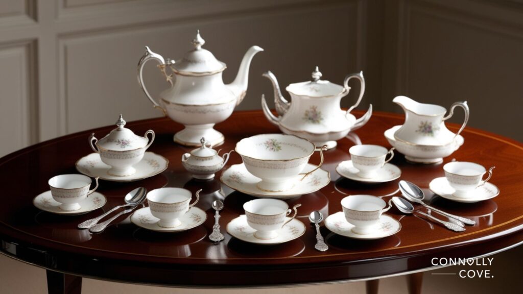 A polished wooden table set with an elegant white and gold tea set, featuring delicate floral designs—an ideal Souvenir and one of the best souvenirs from England for those who cherish timeless elegance.