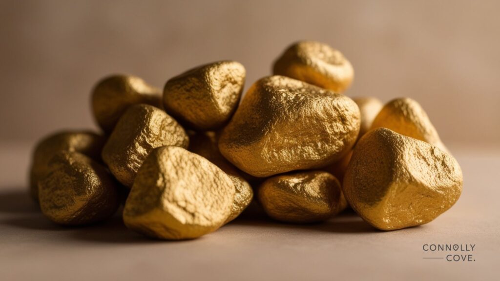 A close-up of several gold nuggets piled together on a neutral surface, with the words Connolly Cove visible in the lower right corner—highlighting the allure of gold mining in England.