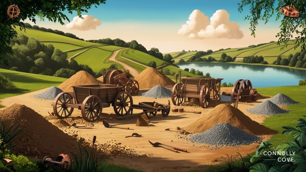A scenic countryside in England with green hills, a lake, and blue sky. In the foreground are wooden carts, metal parts, and piles of soil and gravel, evoking scenes of mining in England or agricultural activity.